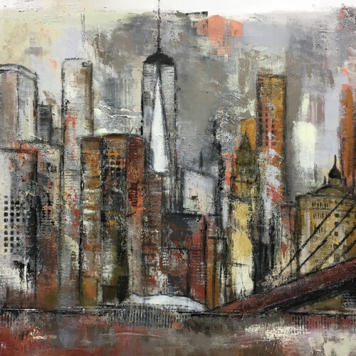 Das Gemälde New York Manhattan mit Brooklyn Bridge zeigt das Panorama vom Stadtteil Manhattan in New York mit der Brooklyn Bridge und den Hochhäusern und Wahrzeichen der Metropole in angenehmen gedeckten Tönen wie Sienna, Ocker, Grau, Gelb, Braun, Kupfer, Weiß, Steingrau, Kieselgrau und Schwarz.