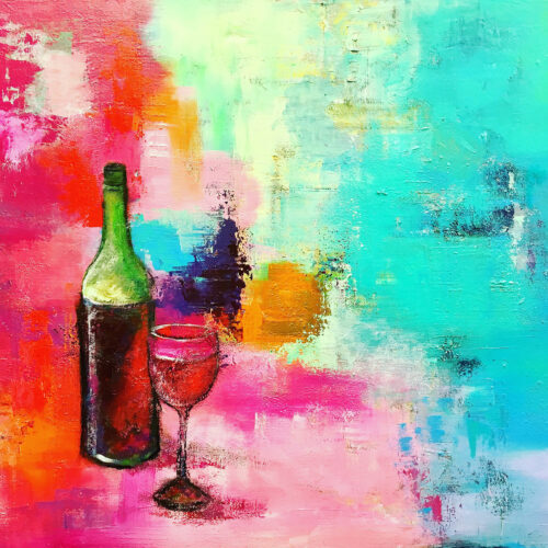 Gemälde Stilleben Red Wine Rotwein mit Glas quadratisch. Das Bild zeigt eine Rotweinflasche mit Weinglas auf abstraktem Hintergrund in kräftigen Farben: Grün, Rot- und Blautöne mit Orange, Rosa und Lila. Fröhlich-bunte Sommerstimmung.