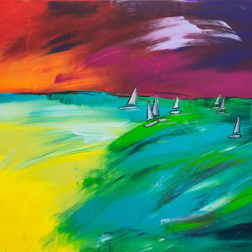 Das Gemälde Sailing zeigt Segelboote bei Sonnenuntergang auf dem Wasser in kräftigen Farben, moderner/ expressionistischer Stil, Farben: Gelb, Türkis, Orange, Pink, Lila, Weiß.
