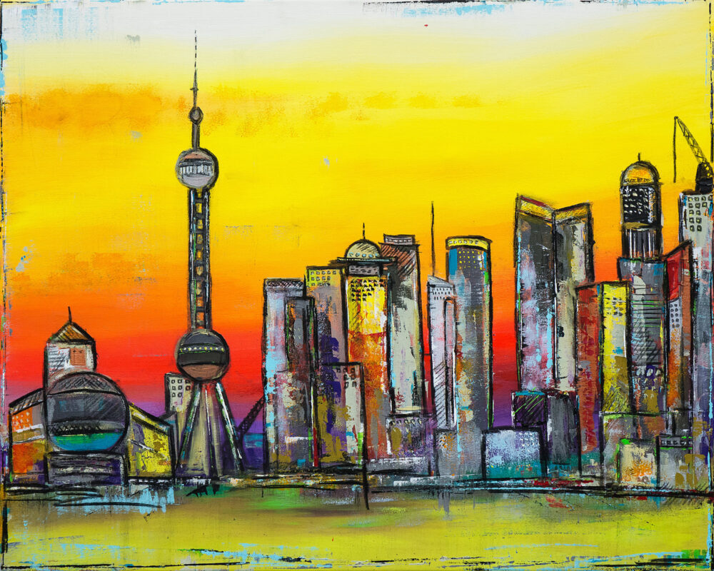 Das Gemälde Shanghai Impression zeigt das Panorama von Shanghai, hier dem Geschäfts- und Finanzzentrum Pudong, als abstrakte Impression in kräftigen und leuchtenden Farben: Gelb, Orange, Rot und Hellgrün mit Akzenten aus Blau, Lila, Ocker oder Türkis. Zu sehen sind einige von Chinas bekanntesten und eindrucksvollsten Gebäuden wie zum Beispiel dem Shanghai Science and Technology Museum, dem Oriental Pearl Tower oder der Bank of Shanghai. Angedeutet ist in gelbgrün der Huangpu-Fluss.