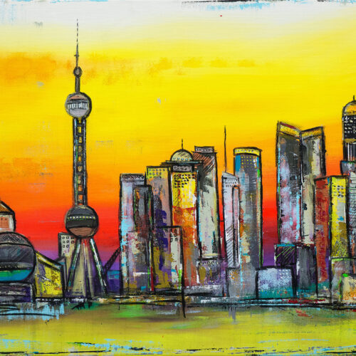 Das Gemälde Shanghai Impression zeigt das Panorama von Shanghai, hier dem Geschäfts- und Finanzzentrum Pudong, als abstrakte Impression in kräftigen und leuchtenden Farben: Gelb, Orange, Rot und Hellgrün mit Akzenten aus Blau, Lila, Ocker oder Türkis. Zu sehen sind einige von Chinas bekanntesten und eindrucksvollsten Gebäuden wie zum Beispiel dem Shanghai Science and Technology Museum, dem Oriental Pearl Tower oder der Bank of Shanghai. Angedeutet ist in gelbgrün der Huangpu-Fluss.