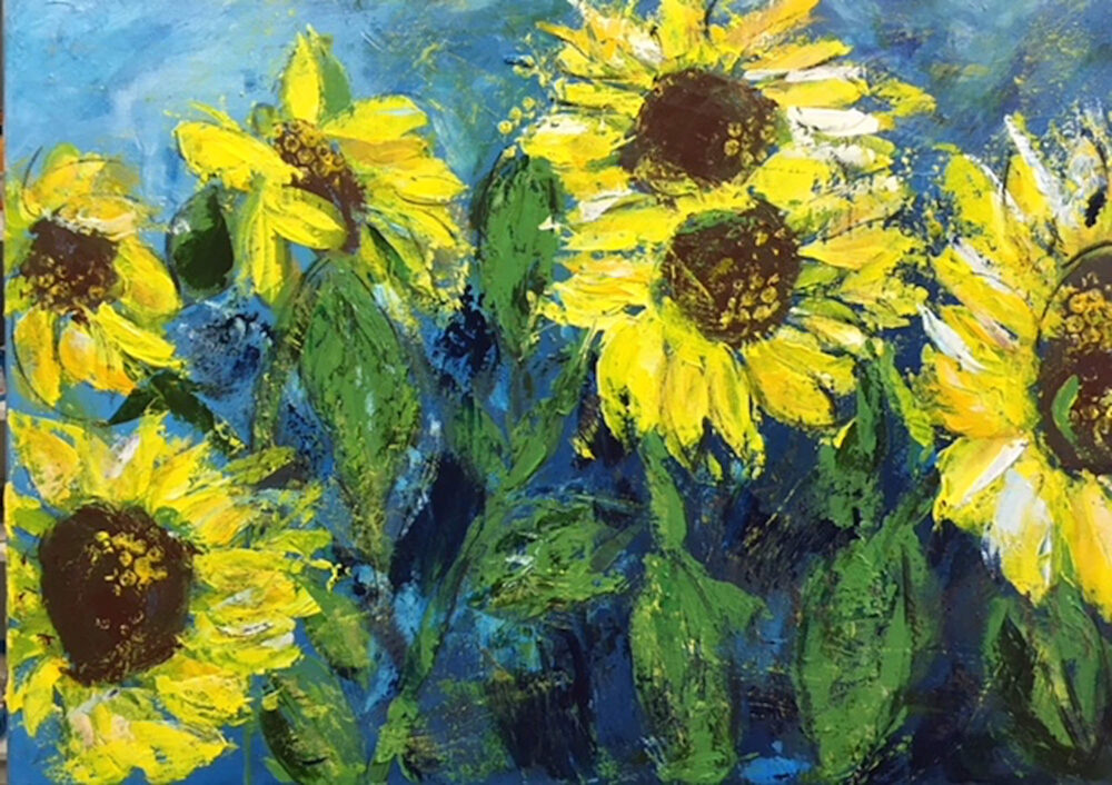 Das Gemälde Sonnenblumenfeld zeigt verschiedene gelbe Sonnenblumen auf einem Feld die sich im Wind wiegen, im Hintergrund blauer Himmel, abstrahiert und modern