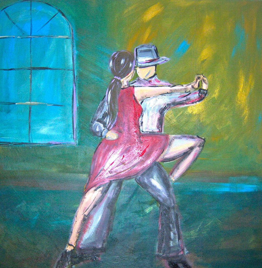 Das Gemälde zeigt eine Frau in einem roten Kleid und langen dunklen Haaren zu einem Zopf gebunden und einen Mann mit Hut in der Bewegung, Tango tanzend in einem Raum in Grüntönen und mit Fenster auf der linken Seite