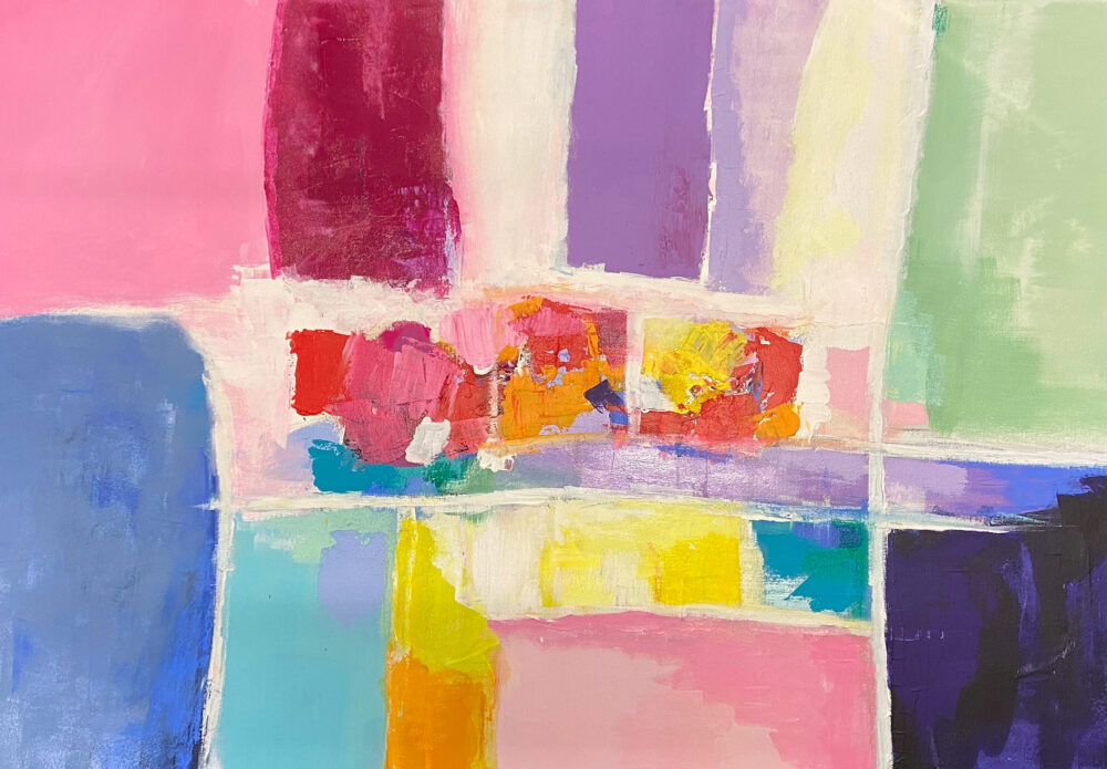 bstrakte Frühlingsimpression der Künstlerin Karin Greife in und leuchtenden Pastelltönen blau, rosa, hellgrün, gelb, orange, pink.