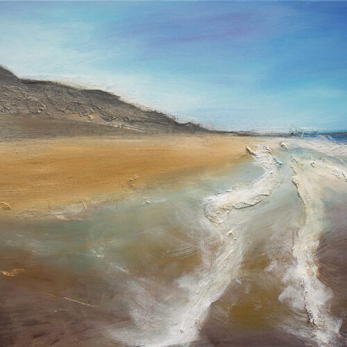 Das Gemälde Sylt Strand ist eine Impression vom Sylter Strand (Westerland) mit Düne und Himmel in natürlichen Farben: Sandfarben, weisse Gischt, Blau-, Beige und Brauntöne.