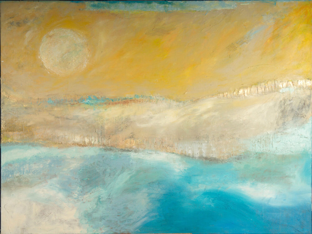 Das Gemälde "Wanderung - Jakosbweg" von Karin Greife in Acryl auf Leinwand aus dem Jahr 2018 zeigt in Gelb-, Gold-, Blau- und Weißtönen eine Impresssion einer Wanderung in der Sonne entlang des Meeres.