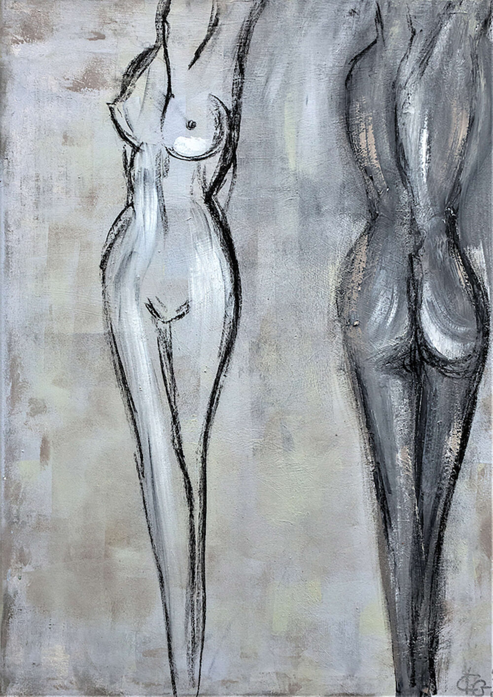 Das Gemälde Weiblicher Akt zeigt in Grautönen die nackten Körper zweier junger, sehr schlanker Frauen. Die linke von beiden ist von vorne, die andere von hinten zu sehen. Der Stil ist reduziert und modern.
