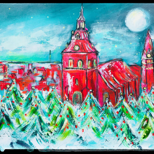 Auch als Lüneburg Kunstdruck im Online Shop von Karin Greife. Gemälde Weihnachtsblick über Lüneburg mit der St. Michaeliskirche, St. Nicolaikirche, St. Johanniskirche und schneebedeckten Tannenbäumen mit roten Weihnachtskugeln