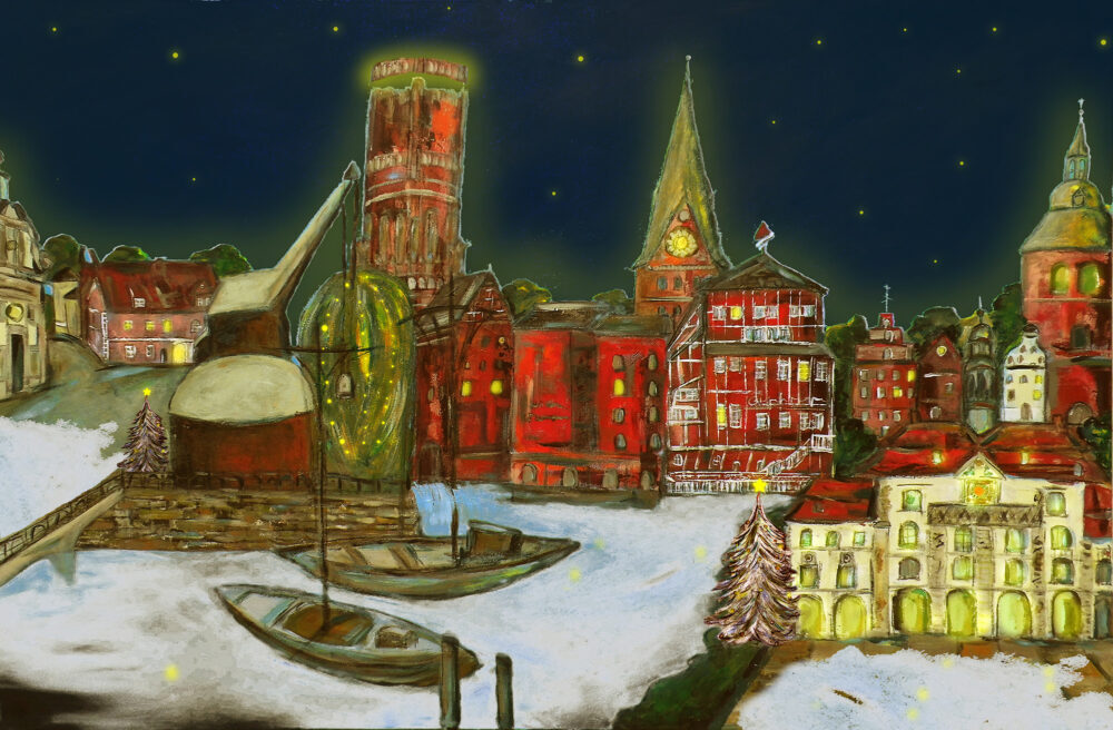 Gemälde Weihnachtsimpression Lüneburg mit dem Lüneburger Wahrzeichen Altes Kaufhaus, Alter Kran, Wasserturm, Lösecke-Haus, St. Johanniskirche, St. Michaeliskirche, Ewer, Mühle, Brausebrücke, Stintmarkt und Rathaus