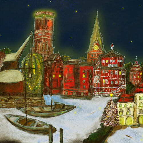 Gemälde Weihnachtsimpression Lüneburg mit dem Lüneburger Wahrzeichen Altes Kaufhaus, Alter Kran, Wasserturm, Lösecke-Haus, St. Johanniskirche, St. Michaeliskirche, Ewer, Mühle, Brausebrücke, Stintmarkt und Rathaus