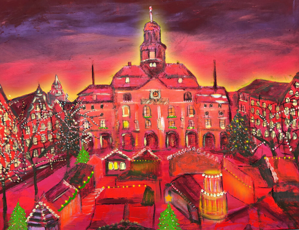Gemälde Weihnachtsmarkt Lüneburg in Rottönen mit Tannenbäumen Lichterketten