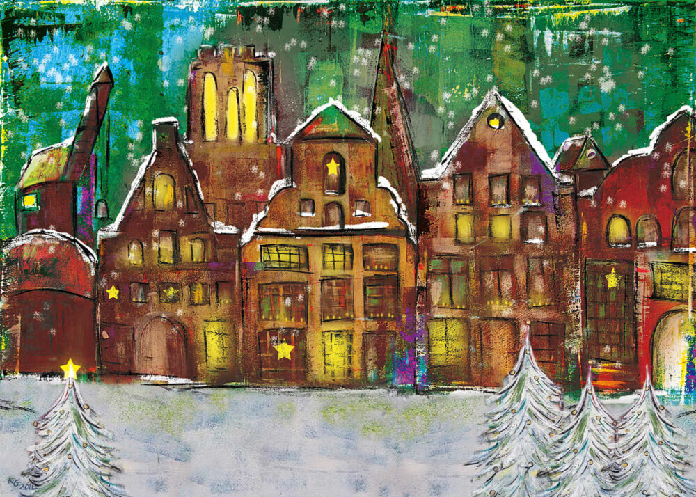 Gemälde Weihnachtsstadt Lüneburg, Lüneburger Giebelhäuser weihnachtlich beleuchtet mit schneebedeckten Tannenbäumen, Schneeflocken und Sternen