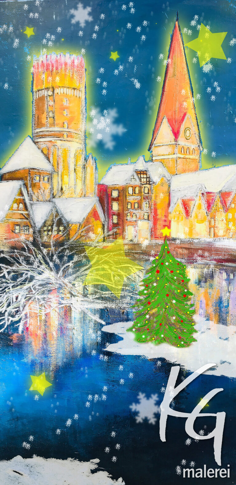 Gemälde Weihnachtszeit in Lüneburg mit Schneeflocken, Tannenbaum und Sternen