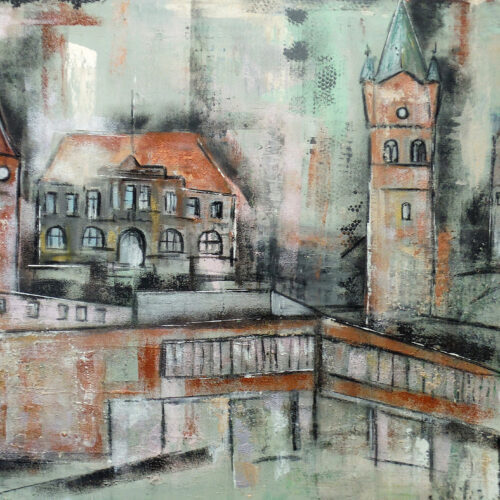 Gemälde Westerstede, Wahrzeichen des deutschen Ortes Westerstede in gedeckten Tönen, Klinikum, Rathaus und Kirche