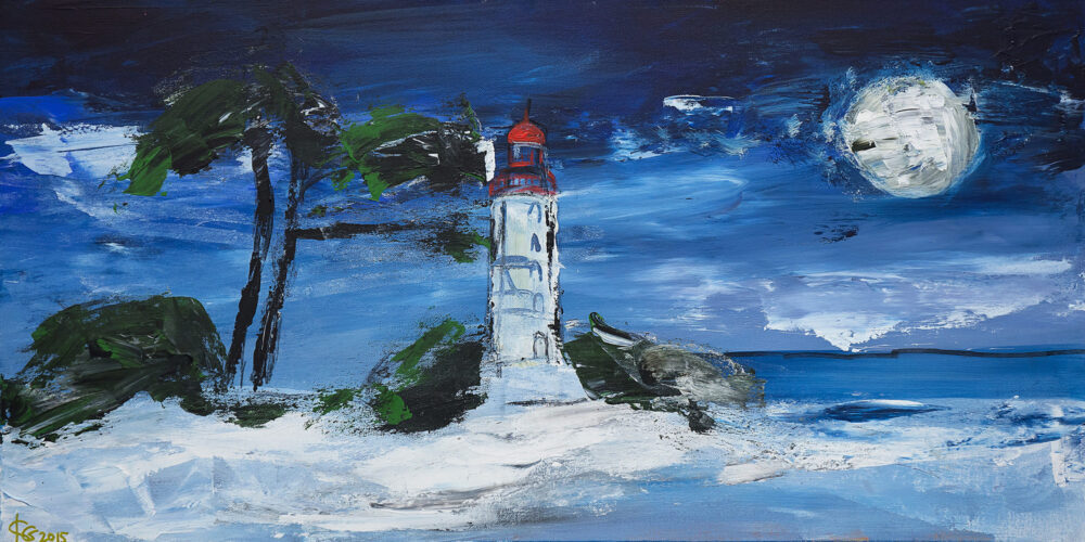 Das Gemälde Wintermond zeigt den Leuchtturm der Insel Hiddensee in schneebedeckter Landschaft mit Windflüchter unter dem Mond am Nachthimmel im expressionistischen Stil