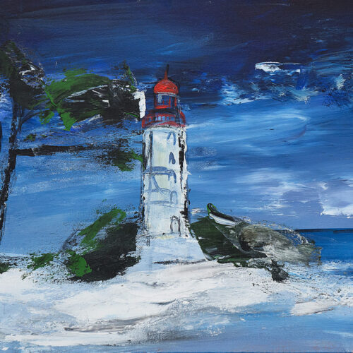 Das Gemälde Wintermond zeigt den Leuchtturm der Insel Hiddensee in schneebedeckter Landschaft mit Windflüchter unter dem Mond am Nachthimmel im expressionistischen Stil