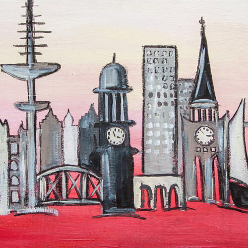 Das Hamburg Loveboard zeigt die Skyline der Hansestadt Hamburg mit ihren wichtigsten Wahrzeichen wie den Fernsehturm, den Hamburger Michel, die Köhlbrandbrücke, die Elbphilharmonie oder ein Frachtschiff, die Speicherstadt, ein Segelschiff in Rot-, Rosé- und Weißtönen