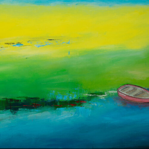 Gemälde Flusslandschaft von Karin Greife, Boot fahren, Seeufer, Urlaub, Strand, Atmosphäre, Kunst, Malerei, Karin Greife