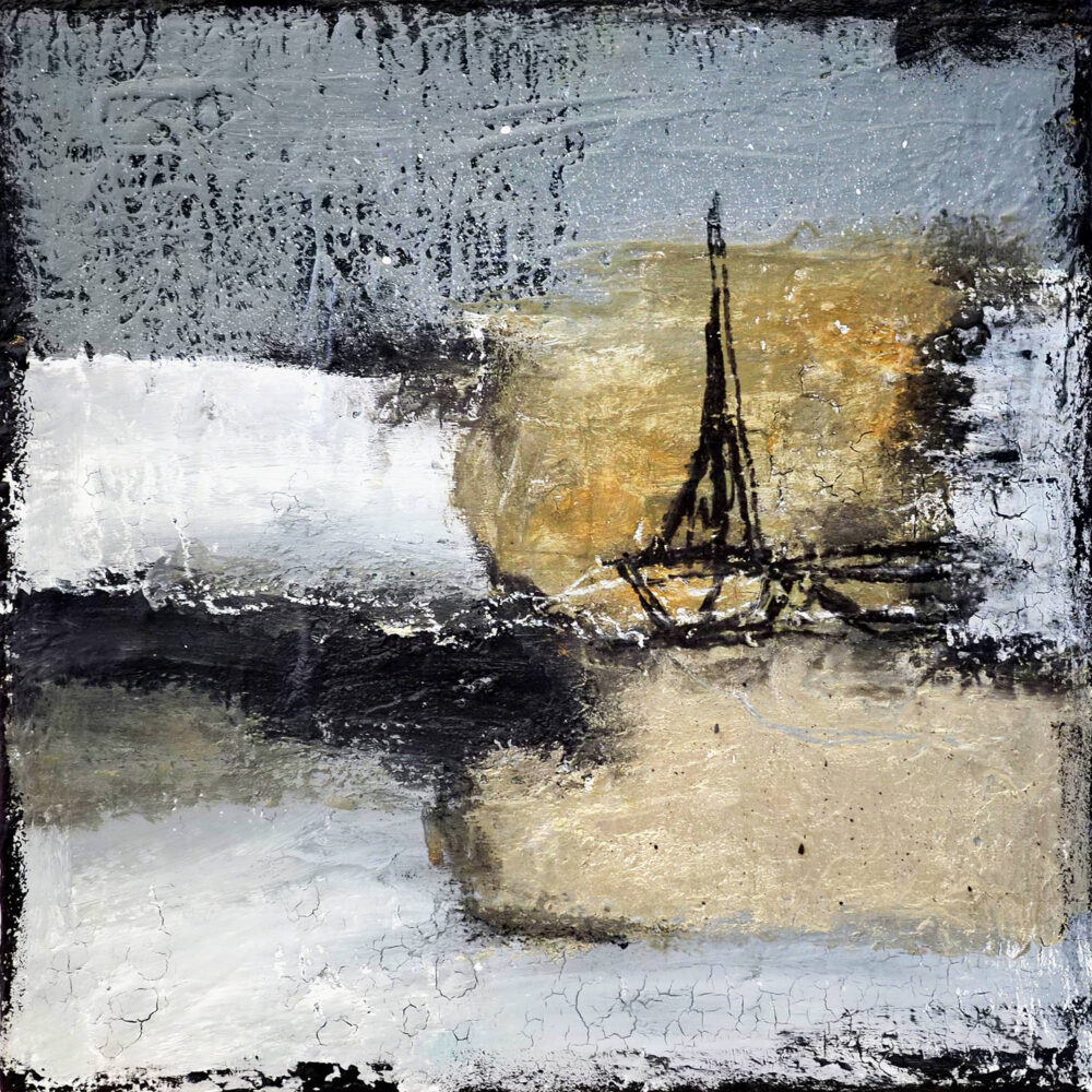 Gemälde Winter an der Nordsee von Karin Greife, maritime Kunst, Segelboote, gold, Spachteltechnik, Malerei, Nordsee, Ostsee