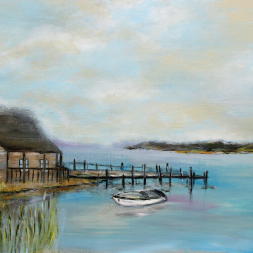 Gemälde Haus am See mit Boot, Gemälde, Karin Greife, maritim, Kunst, Malerei, Haus am See, Urlaub, Ferienhaus
