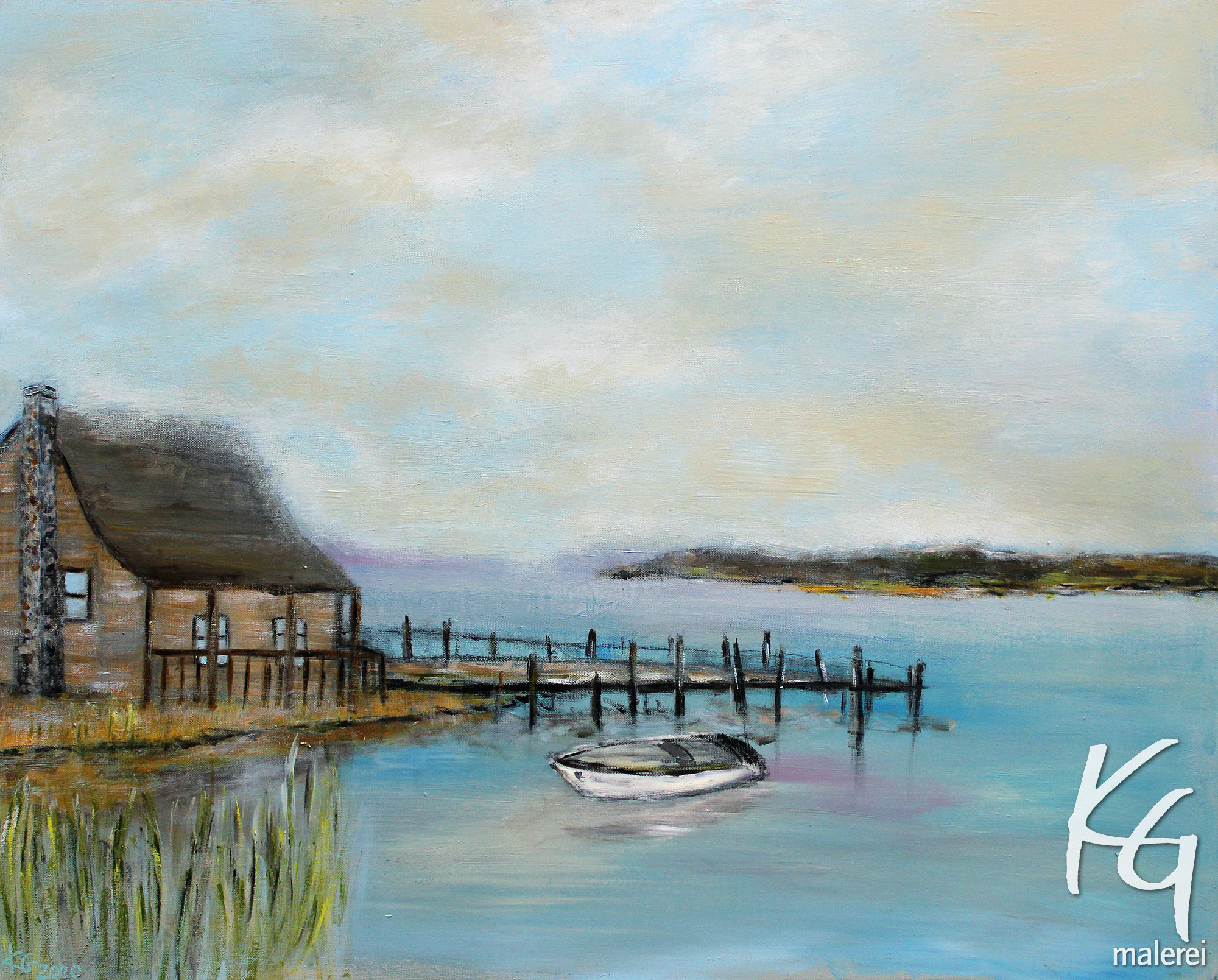 Gemälde Haus am See mit Steg und Boot - Malerei Karin Greife