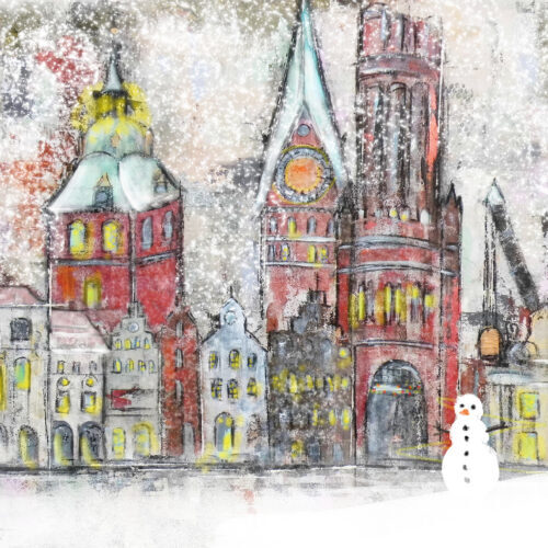 Gemälde Schneegestöber in Lüneburg I, Schnee, Schneemann, Lüneburger Rathaus, Hansegiebel, St. Michaeliskriche, Lüneburger Weihnachtskarte, Lüneburg-Motiv, Wasserturm, St. Johanniskirche, Altes Kaufhaus, Schnee, Weihnachten, Weihnachtsmarkt, Schneesturm