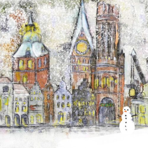 Gemälde Schneegestöber in Lüneburg II, Schnee, Schneemann, Lüneburger Rathaus, Hansegiebel, St. Michaeliskriche, Lüneburger Weihnachtskarte, Lüneburg-Motiv, Wasserturm, St. Johanniskirche, Altes Kaufhaus, Schnee, Weihnachten, Weihnachtsmarkt, Schneesturm