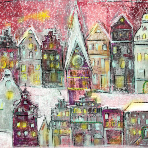 Gemälde Weihnachtslichter in Lüneburg Am Sande I, Am Sande, Weihnachtsmarkt Lüneburg, Schnee, Landeszeitung, St. Johanniskirche, Weihnachtskarten mit Lüneburg-Motiv, Sternenglanz