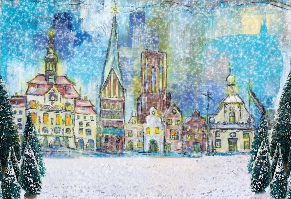 Gemälde Winter Weihnachten in der Hansestadt Lüneburg, Rathaus Lüneburg, St. Nicolaikirche Lüneburg, Wasserturm, Hansegiebel, Altes Kaufhaus, Alter Kran, Schnee, Gemälde, Tannenbäume