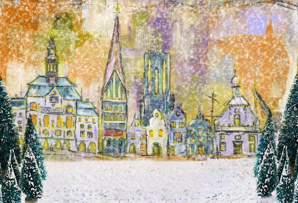 Gemälde Winter Weihnacht in Lüneburg, Hansestadt im Schneegestöber, Weihnachten in Lüneburg, Gemälde, Weihnachtsbäume, Tannenbäume