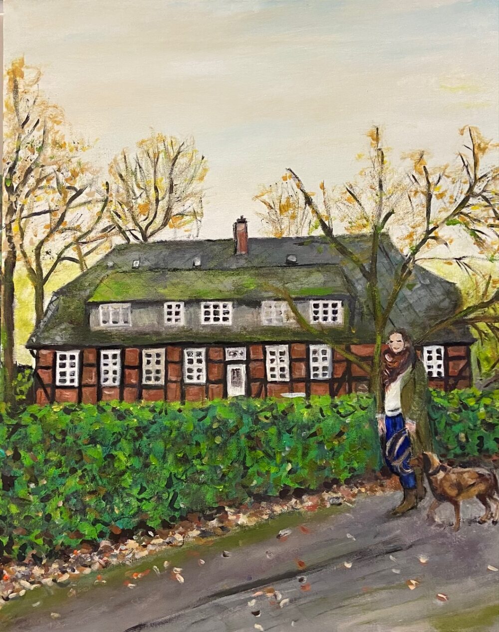 Lüneburger Heide, Gemälde, Frau mit Hund, Reetdachhaus