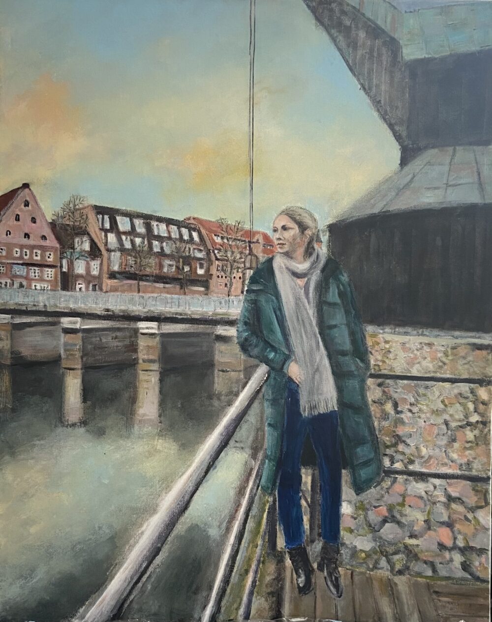 Rote-Rosen-Schauspielerin Jelena Mitschke im Lüneburger Wasserviertel, Gemälde von Karin Greife, auch als Kunstdruck auf Leinwand ab 29 € erhältlich