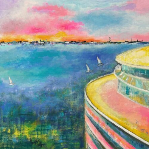 Gemälde "Hotel Fonteney Hamburg mit Alster und Segelbooten"